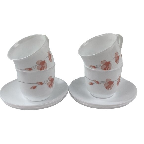 Arcopal Linette Set of 4 Cup & Saucers France White Peach Flowers Gray Stems - Picture 5 of 6